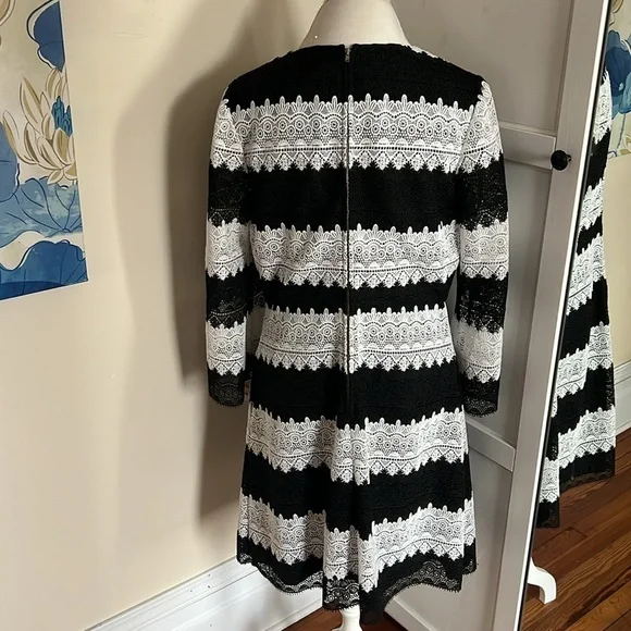 Jill Jill Stuart Classic Black and White Lace Striped Shift Dress 3/4 Sleeves 14 - Picture 8 of 12